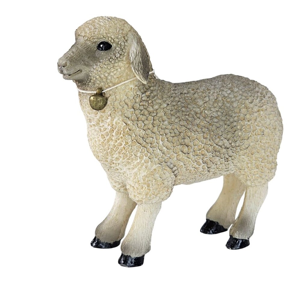 Resin Sheep Lamb Wearing Bell Figurine Farm Animal Rustic Decor